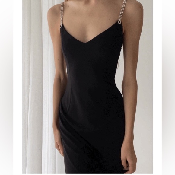 Vintage 90’s Dress Metal Diamond Rhinestone Backless Dress Maxi Black Slip Prom - Picture 17 of 17